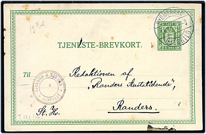 5 øre Tjenestebrevkort fra Gjerrild & Hemmed Pastorat annulleret med godt bureaustempel Ryomgaard - Gjerrild T.6 d. 11.6.1917 til Randers.