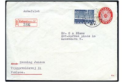 35 øre helsagskuvert (fabr. 81a) opfrankeret med 60 øre Selandia sendt anbefalet fra København 27 d. 21.5.1963 til København V.