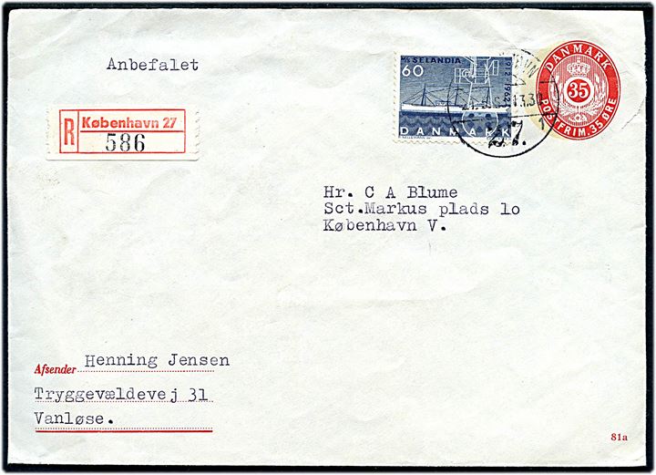 35 øre helsagskuvert (fabr. 81a) opfrankeret med 60 øre Selandia sendt anbefalet fra København 27 d. 21.5.1963 til København V.