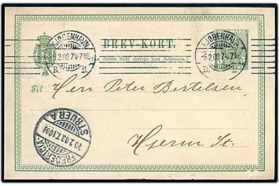 5 øre Fr. VIII helsagsbrevkort (mindre skader) fra Kjøbenhavn d. 6.2.1908 til Hjerm St. Transit stemplet med bureau Fredericia - Struer A. T. 1009 d. 10.2.1908.