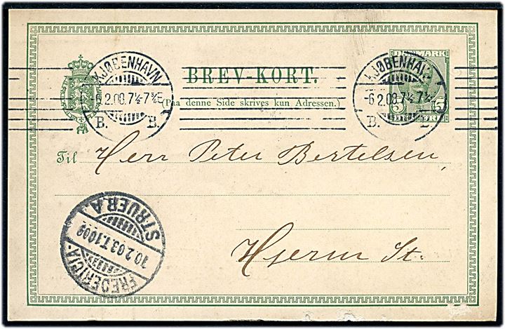 5 øre Fr. VIII helsagsbrevkort (mindre skader) fra Kjøbenhavn d. 6.2.1908 til Hjerm St. Transit stemplet med bureau Fredericia - Struer A. T. 1009 d. 10.2.1908.
