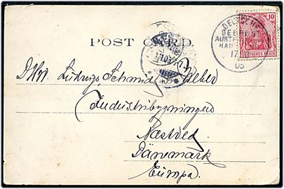 10 pfg. Germania på brevkort (Freemantle, Australien) annulleret med skibsstempel Deutsche Seepost Australische Hauptlinie d. 17.10.1905 til Næstved, Danmark.