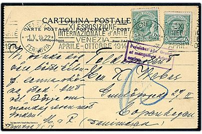 5 c. (2) på brevkort fra Venezia d. 1.5.1914 til København, Danmark. Violet rammestempel Forsinket paa Grund af mangelfuld Adressering..