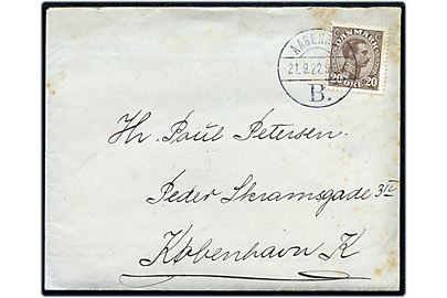 20 øre Chr. X på brev annulleret med brotype Vb Aabenraa B. d. 21.9.1922 til København. Vanskeligt stempel.