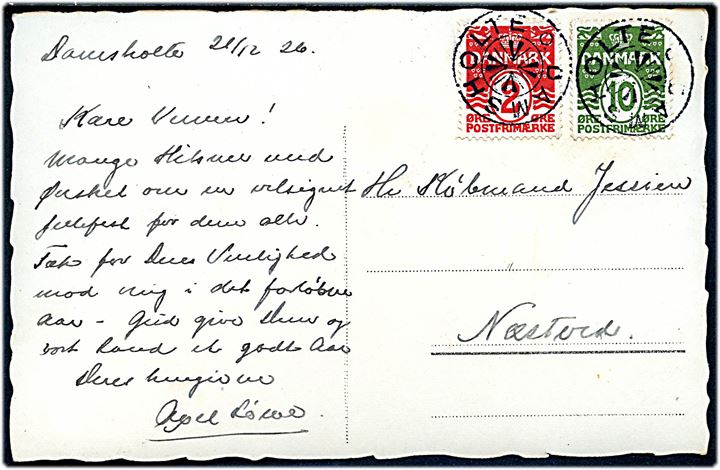 2 øre og 10 øre Bølgelinie på brevkort dateret d. 21.12.1926 annulleret med stjernestempel DAMSHOLTE til Næstved.