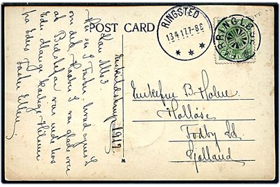 5 øre Chr. X på brevkort fra Eskildstrup annulleret med stjernestempel FARRINGLØSE og sidestemplet Ringsted d. 13.4.1917 til Halløse pr. Fodby St.