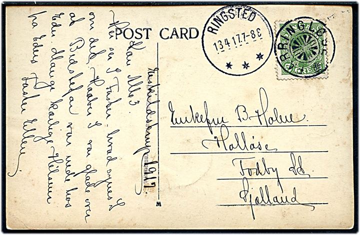 5 øre Chr. X på brevkort fra Eskildstrup annulleret med stjernestempel FARRINGLØSE og sidestemplet Ringsted d. 13.4.1917 til Halløse pr. Fodby St.