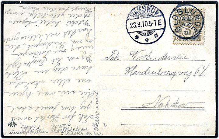 3 øre Bølgelinie på lokalt brevkort annulleret med stjernestempel GLOSLUNDE og sidestemplet Nakskov d. 23.8.1910 til Nakskov.