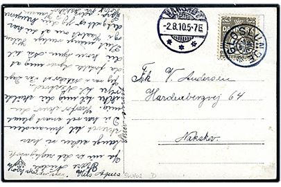 3 øre Bølgelinie på lokalt brevkort annulleret med stjernestempel GLOSLUNDE og sidestemplet Nakskov d. 2.8.1910 til Nakskov.