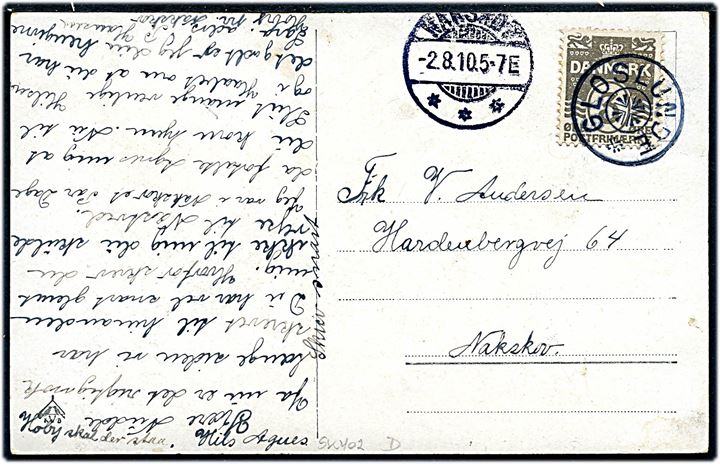 3 øre Bølgelinie på lokalt brevkort annulleret med stjernestempel GLOSLUNDE og sidestemplet Nakskov d. 2.8.1910 til Nakskov.