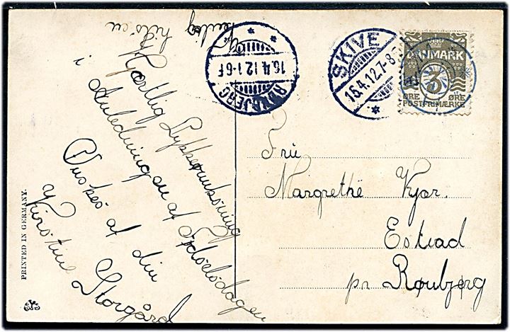 3 øre Bølgelinie på lokalt brevkort annulleret med stjernestempel HEM og sidestemplet Skive d. 15.4.1912 til Rønbjerg.