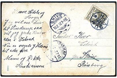3 øre Bølgelinie på lokalt brevkort annulleret med stjernestempel HAASUM og sidestemplet Skive d. 10.2.1912 til Rønbjerg.