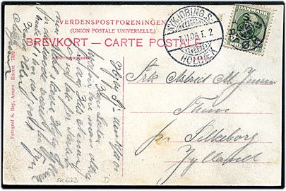 5 øre Chr. IX på brevkort (Parti fra Højby) annulleret med stjernestempel HØJBY S. og sidestemplet Nykjøbing S. - Holbæk T.2 d. 7.11.1906 til Silkeborg.