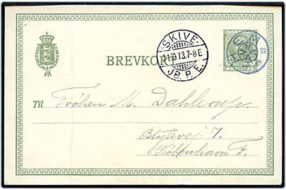 5 øre Fr. VIII helsagsbrevkort (fold) annulleret med stjernestempel HEM og sidestemplet Skive JB.P.E. d. 11.10.1913 til København.