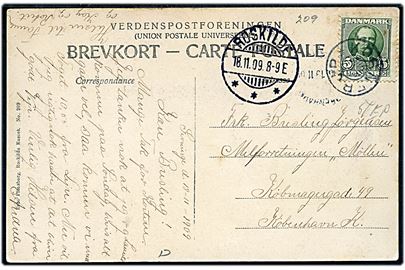 5 øre Fr. VIII på brevkort annulleret med stjernestempel KORNERUP og sidestemplet Roskilde d. 18.11.1909 til København.