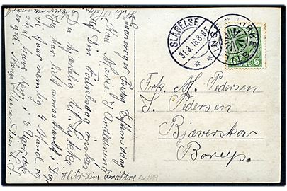 5 øre Chr. X på brevkort annulleret med stjernestempel KIRKE-STILLINGE og sidestemplet Slagelse d. 31.3.1916 til Bjæverskov pr. Borup.