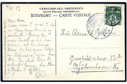 5 øre Bølgelinie på brevkort (Strandbakker ved Lynæs) annulleret med stjernestempel LYNÆS og sidestemplet Frederiksværk d. 5.8.1913 til København.