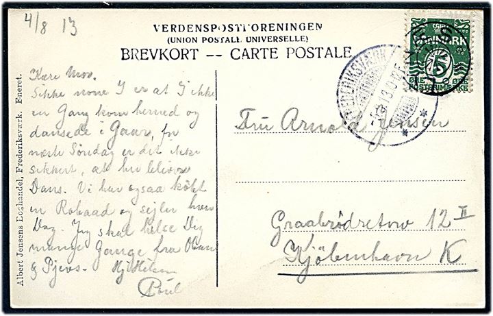 5 øre Bølgelinie på brevkort (Strandbakker ved Lynæs) annulleret med stjernestempel LYNÆS og sidestemplet Frederiksværk d. 5.8.1913 til København.