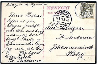3 øre Bølgelinie på lokalt brevkort annulleret med stjernestempel VESTER-KARLEBY og sidestemplet Nakskov d. 17.3.1911 til Johannesminde, Hoby.