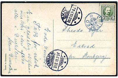 5 øre Fr. VIII på brevkort annulleret med stjernestempel VRIDSTED og sidestemplet Skive d. 30.12.1910 til Rønbjerg.