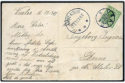 5 øre Chr. X på brevkort (Vaalse gadekær) annulleret med stjernestempel VAALSE og sidestemplet Nørre-Alslev d. 17.3.1917 til Skerne pr. Nr. Alslev St.