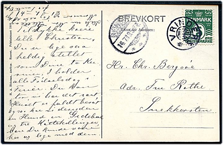 5 øre Bølgelinie på brevkort annulleret med stjernestempel VRINDERS og svagt sidestempel Rønde d. 14.7.1913 til Snekkersten. 
