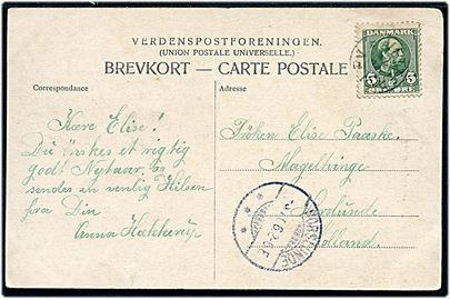 5 øre Chr. IX på brevkort annulleret med stjernestempel VETTERSLEV til Horslunde på Lolland. Ank.stemplet i Horslunde d. 3.1.1906.