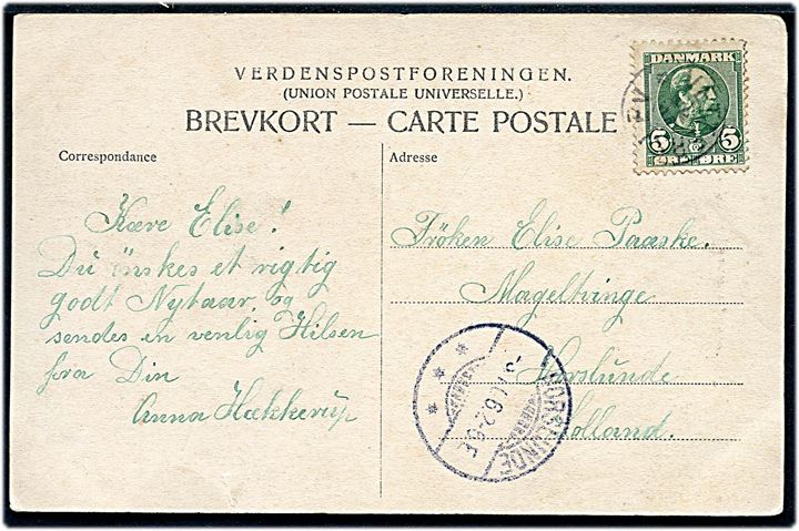 5 øre Chr. IX på brevkort annulleret med stjernestempel VETTERSLEV til Horslunde på Lolland. Ank.stemplet i Horslunde d. 3.1.1906.