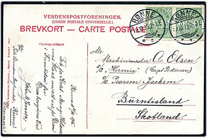 5 øre Våben i parstykke på brevkort fra Rønne d. 19.10.1905 til maskinmester ombord på S/S Hermia i Burntisland, Scotland. 