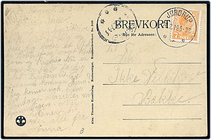 7 øre Chr. X på brevkort annulleret med brotype IIIb Jordrup d. 20.2.1919 til Bække.