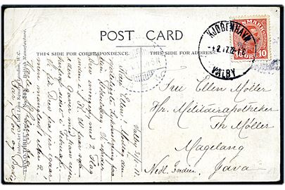 10 øre Chr. X på brevkort (Opened by Censor) fra Kjøbenhavn Valby d. 1.2.1917 til dansk militærapoteker Th. Møller i Magelang, Java, Hollandsk Ostindien. Svagt ank.stempel. Folder.