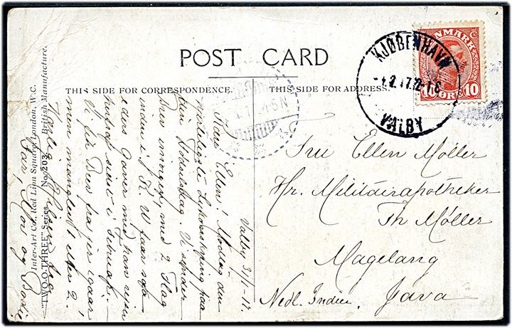 10 øre Chr. X på brevkort (Opened by Censor) fra Kjøbenhavn Valby d. 1.2.1917 til dansk militærapoteker Th. Møller i Magelang, Java, Hollandsk Ostindien. Svagt ank.stempel. Folder.
