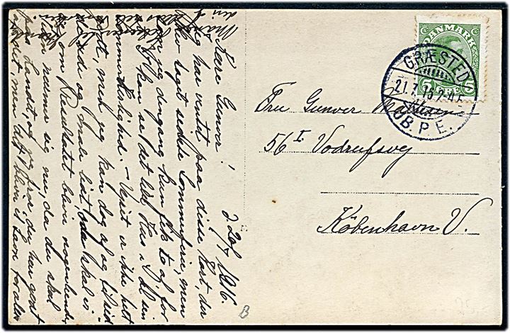 5 øre Chr. X på brevkort (Sommerhus) annulleret med brotype Ia Græsted JB.P.E. d. 21.7.1916 til København.