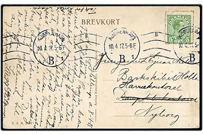 5 øre Chr. X på brevkort fra Kjøbenhavn d. 10.4.1917 til jungmand ombord på barkskibet Holte, Dampskibskontoret i Nyborg - omadresseret til Havnekontoret.