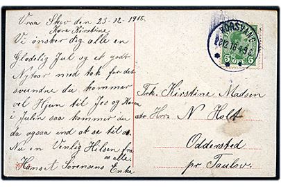 5 øre Chr. X på brevkort annulleret med brotype IIIb Korsvang d. 28.12.1918 til Taulov.