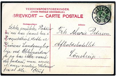 5 øre Chr. IX på brevkort annulleret med lapidar Silkeborg JB.P. d. 10.8.190x til Lønstrup. Sen anvendelse af lapidarstempel.