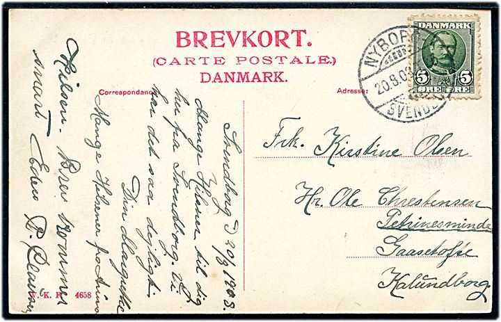 5 øre Fr. VIII på brevkort (Svendborg, udsigt fra Frue Kirke) annulleret med bureaustempel Nyborg - Svendborg T.25 d. 20.8.1908 til Kalundborg.
