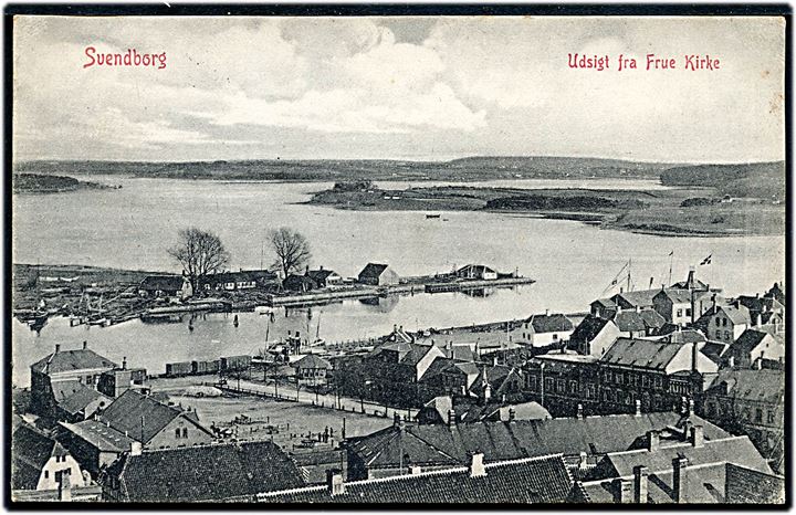5 øre Fr. VIII på brevkort (Svendborg, udsigt fra Frue Kirke) annulleret med bureaustempel Nyborg - Svendborg T.25 d. 20.8.1908 til Kalundborg.