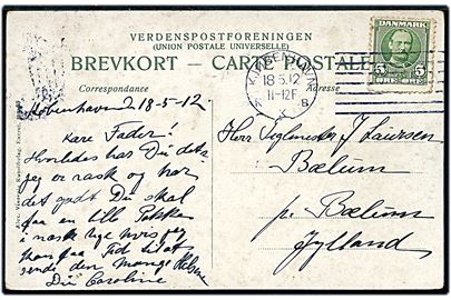 5 øre Fr. VIII på brevkort annulleret med Universal 1912 forsøgsstempel Kjøbenhavn KKB d. 18.5.1912 til Bælum.