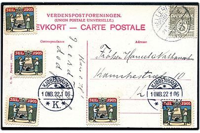 3 øre Bølgelinie og Julemærke 1905 (5) på lokalt brevkort fra Hellerup JB.P.E. d. 21.1.1906 til København.