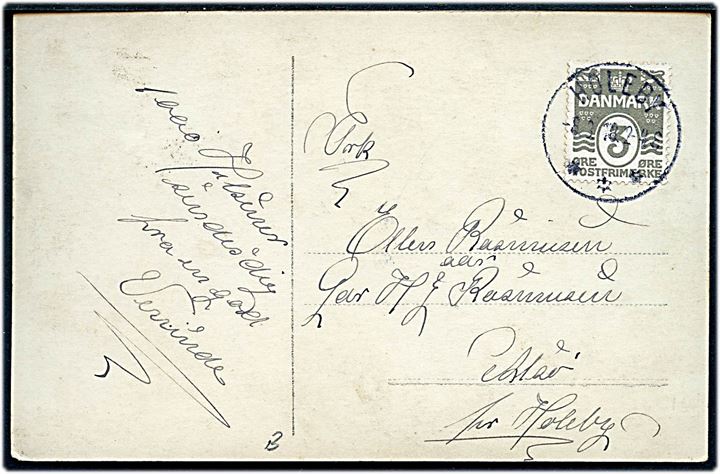 3 øre Bølgelinie på lokalt brevkort annulleret med brotype IIIb Holeby d. 8.3.1918.
