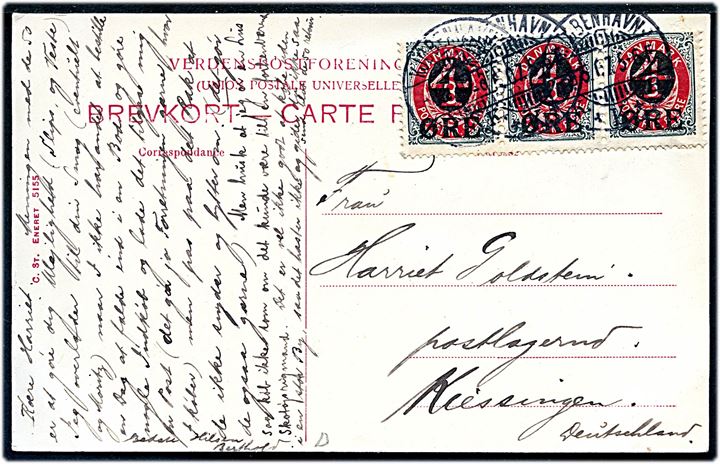 4/8 øre Provisorium i 3-stribe på brevkort (Kong Chr. IX spiller whist med sine døtre) fra Kjøbenhavn d. 9.6.1907 til Kiessingen, Tyskland. Overfrankeret med 2 øre.