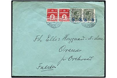 2 øre Bølgelinie (par) og 8/12 øre Provisorium (par) på brev fra Nibe annulleret med bureaustempel Aalborg - Hvalpsund T.47 d. 8.7.1925 til Orehoved.