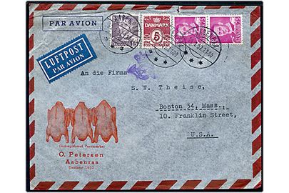 5 øre Bølgelinie, 15 øre og 75 øre (par) Fr. IX på 170 øre frankeret luftpostbrev fra Aabenraa d. 31.1.1952 til Boston, USA. Violet kronet Posthorn portokontrolstempel.