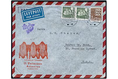 35 øre Fr. IX i parstykke og 1 kr. Rigsvåben på 170 øre frankeret luftpostbrev fra Aabenraa d. 18.6.1952 til Boston, USA.