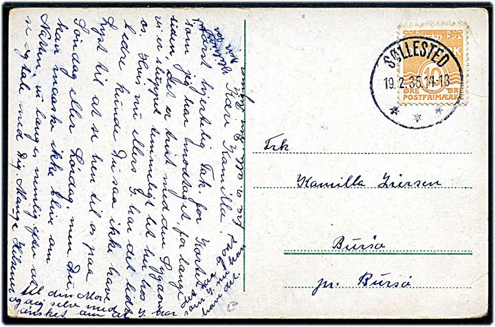 10 øre Bølgelinie på brevkort annulleret med brotype IIIc Søllested d. 19.2.1935 til Bursø.