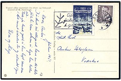 15 øre Fr. IX og Sydslesvig Julemærke 1951 på brevkort fra Aarhus d. 21.12.1951 til Vodskov.