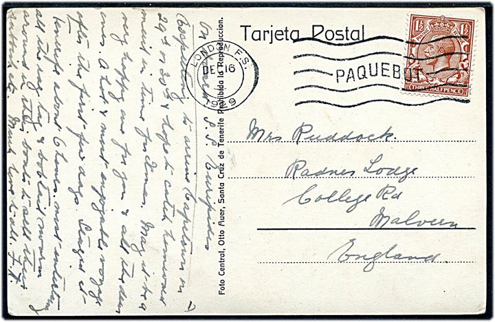 1½d George V på brevkort (Tenerife, Kanariske øer) skrevet ombord på S/S Euripides (White Star Line) og annulleret London F.S. / Paquebot d. 16.12.1929 til Malvern, England.
