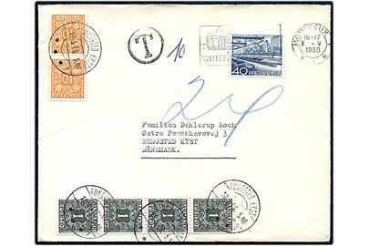 40 c. på underfrankeret brev fra Montreaux d. 8.5.1960 til Kungsted Kyst, Danmark. Udtakseret i porto med 1 øre (4) og 10 øre (2) Portomærke stemplet Rungsted Kyst d. 10.5.1960.