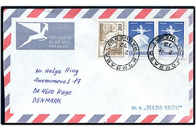 20 øre Dansk Fredning og 60 øre Balletfestival i parstykke på luftpostbrev annulleret med skibsstempel Mombasa Paquebot d. 2.12.1972 til Køge, Danmark.